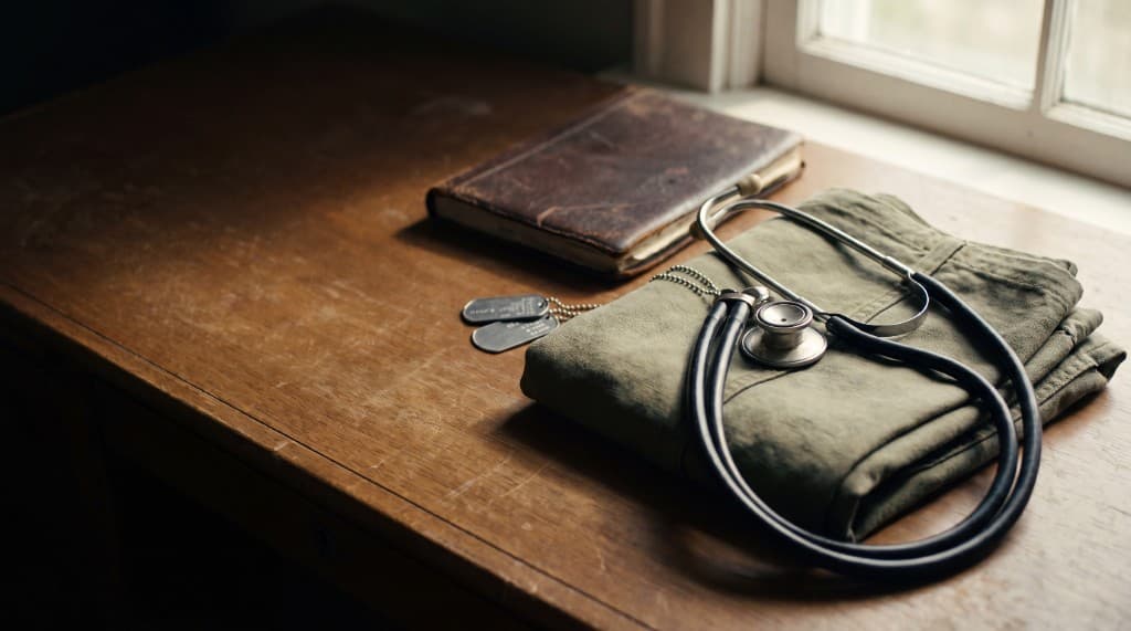A stethoscope, dog tags, and folded field uniform on a desk