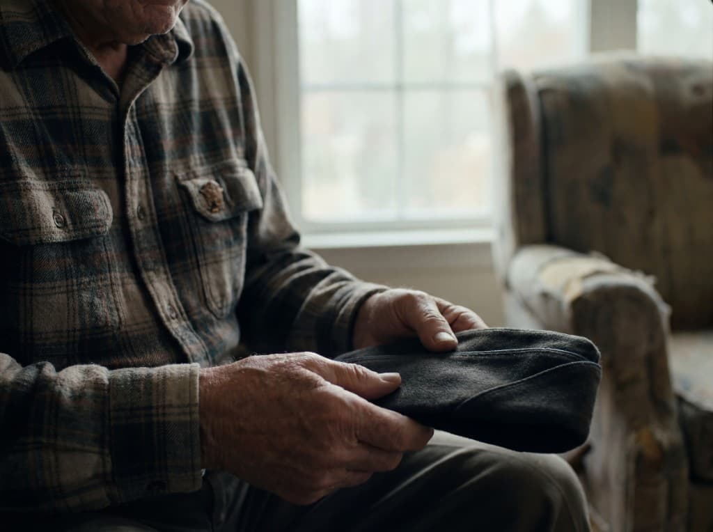 A veteran at home holding his service cap by a window
